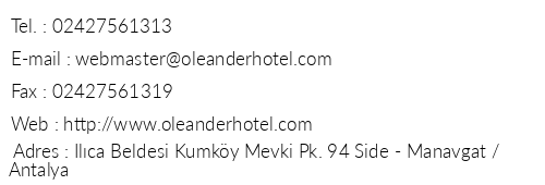 Oleander Hotel telefon numaralar, faks, e-mail, posta adresi ve iletiim bilgileri